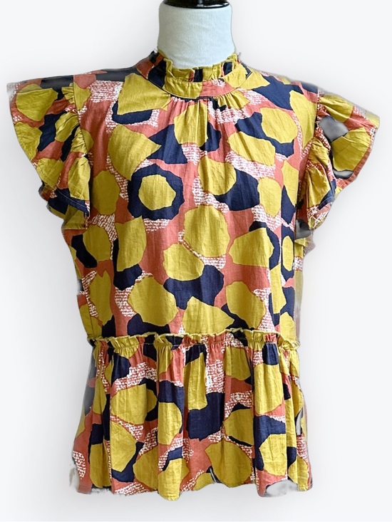 THML Tops - Modern Bohemian Whimsical Ruffled Artisan Spotted Cinched Waist Peplum Top ~ L